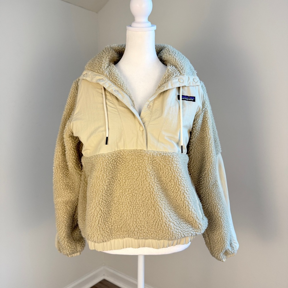 Patagonia Shelled Retro-X Fleece Pullover Women XS Pelican Tan Hooded Anorak
